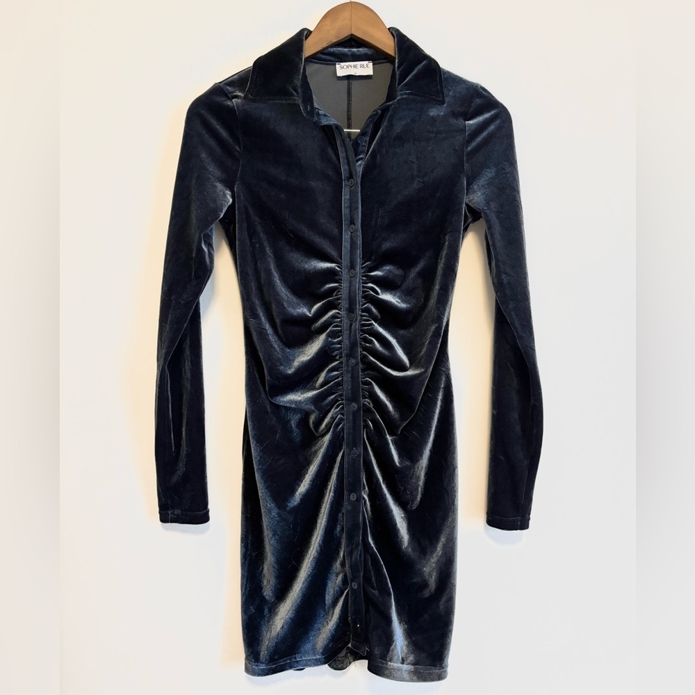 SOPHIE RUE Collar Button Down Velvet Mini Dress in Slate Blue